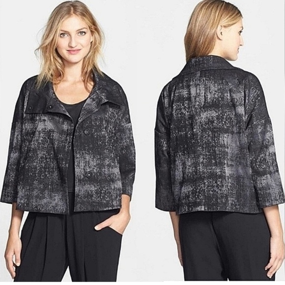 Eileen Fisher- Charcoal Grandeur Jacquard High Collar Blazer Jacket-M - Picture 1 of 8